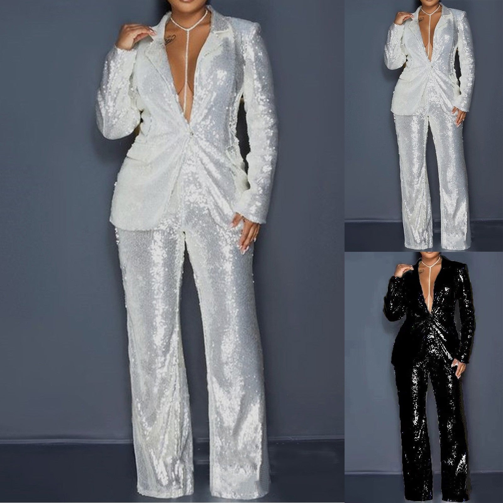 New Glitter Sequins Blazer Suits Women's 2-Piece Set Autumn Notch Lapel Slim Fi image 3
