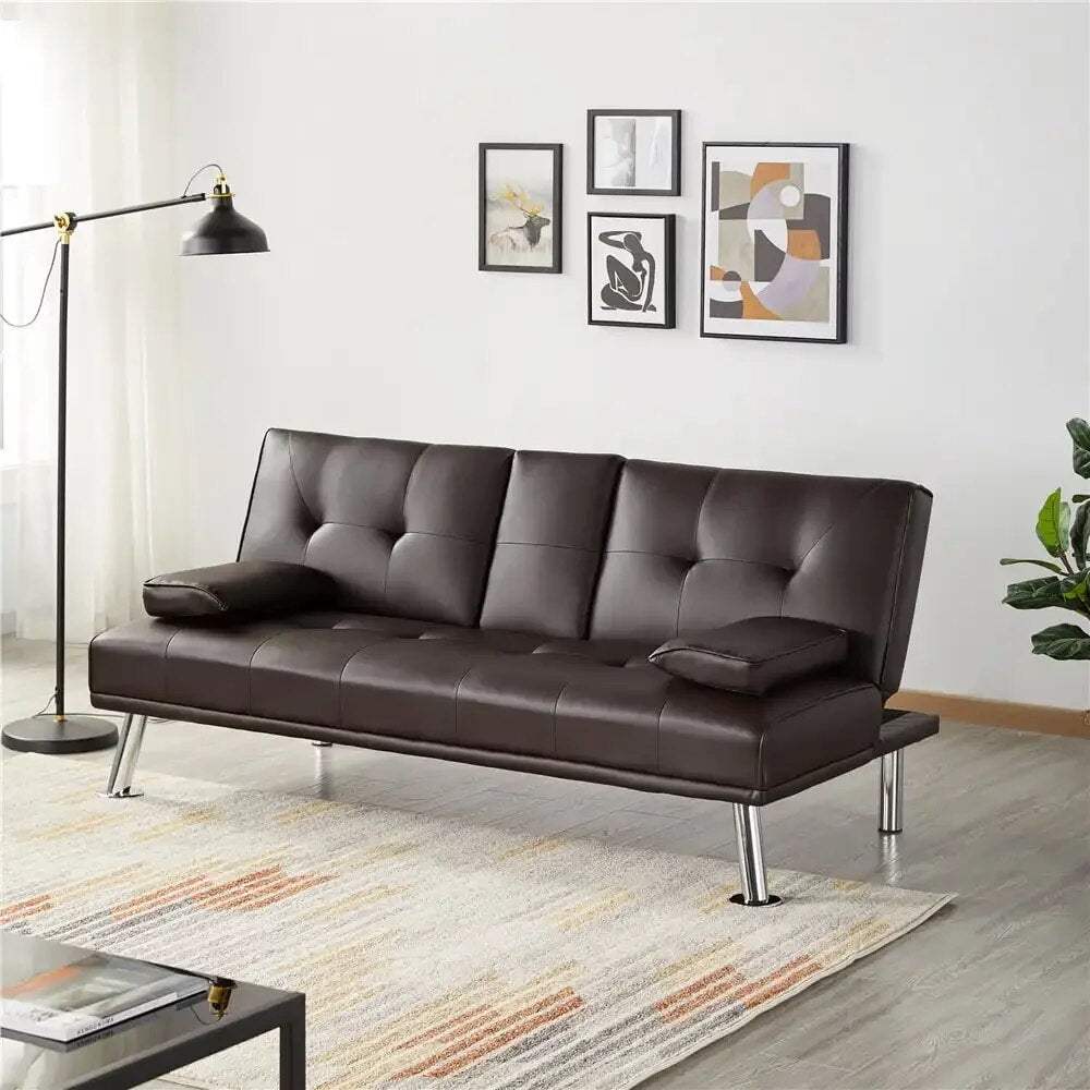 Modern Faux Leather Futon with Cupholders and Pillows image 1