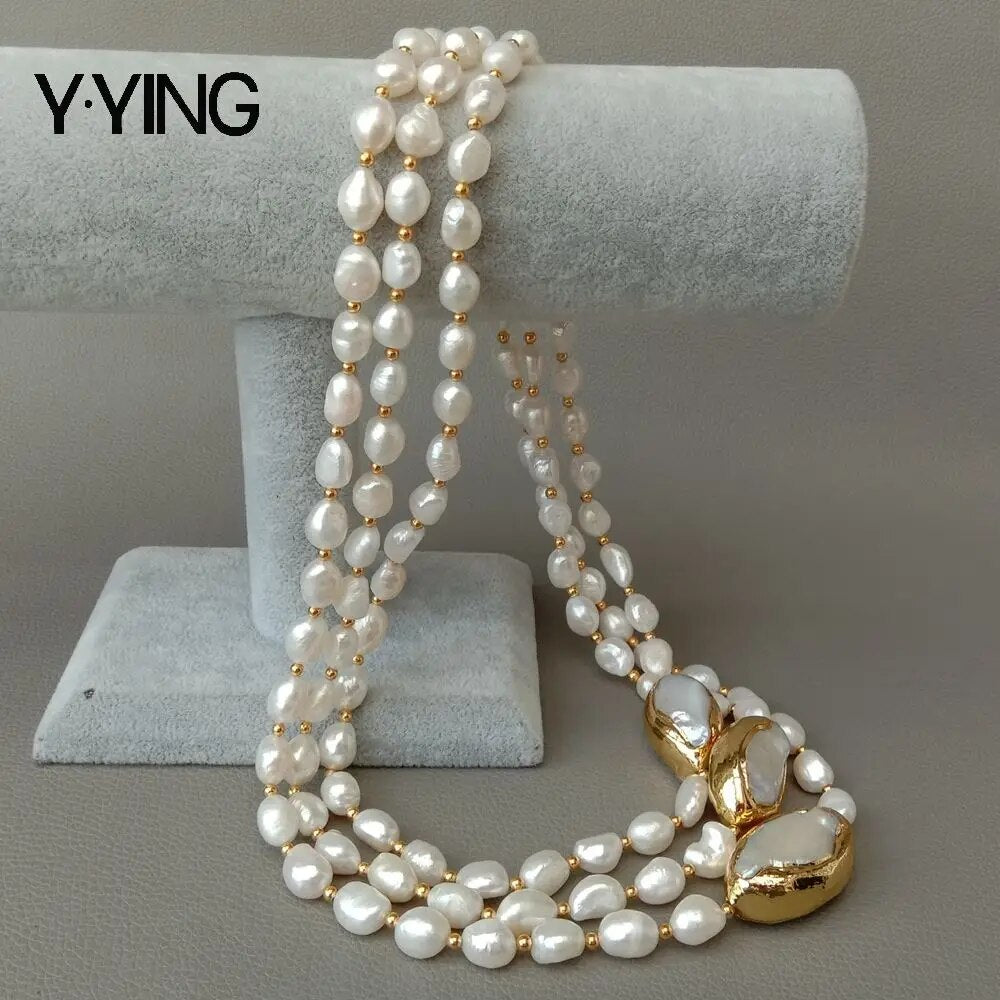 Y·YING 20" 3 rows Cultured Baroque Pearl Necklace Keshi Pearl Gold color Plated image 0