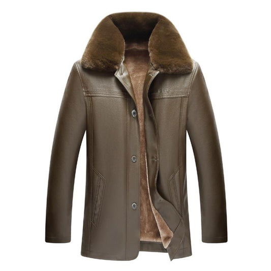 Winter Fur Collar Leather Jacket Men's Button Pu Leather Men Large Size Loose P image 0