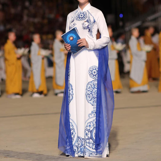 Customized Blue And White Porcelain Women Aodai Vetnam Clothing Long Cheongsam  image 0