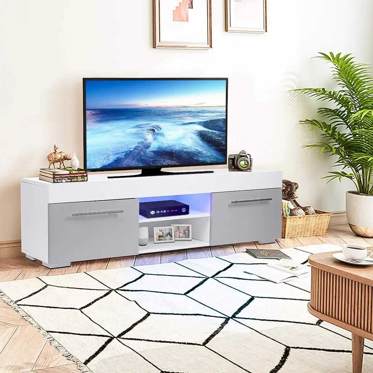 51'' High Gloss Modern TV Unit Bracket with LED Light TV Stands Living Room Fur image 3