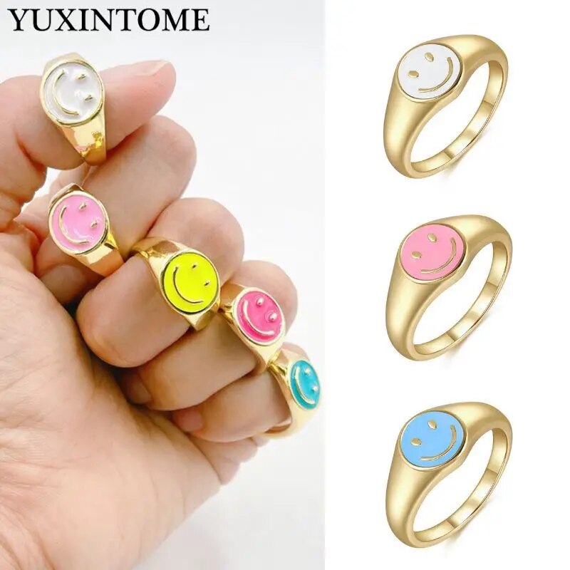 YUXINTOME 24k Gold Plated Colored Enamel Smile Face Wide Ring For Women Trend C image 1