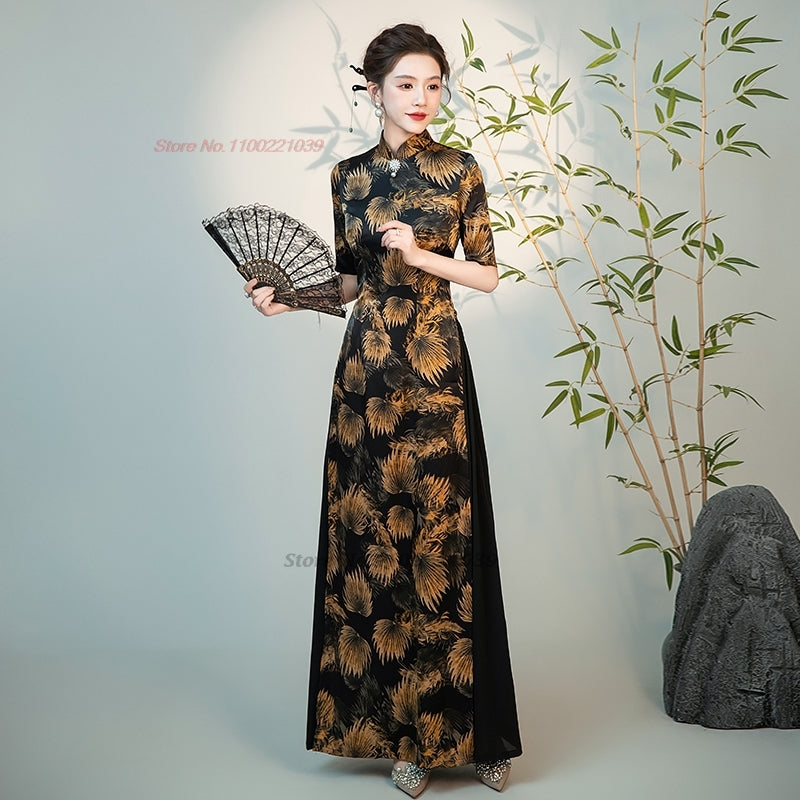 2024 vietnam traditional dress aodai chinese vintage qipao national flower prin image 3