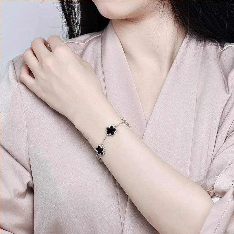 14K Gold Plated Five-leaf Clover Link Bracelets White Black Blue Gold Red Green image 42