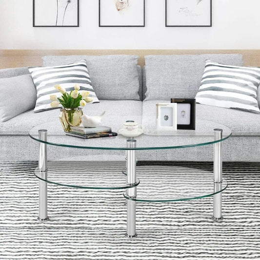 ALPULON Tempered Glass Coffee Table Oval 3-Tier Steel Tea Table for Home Living image 0
