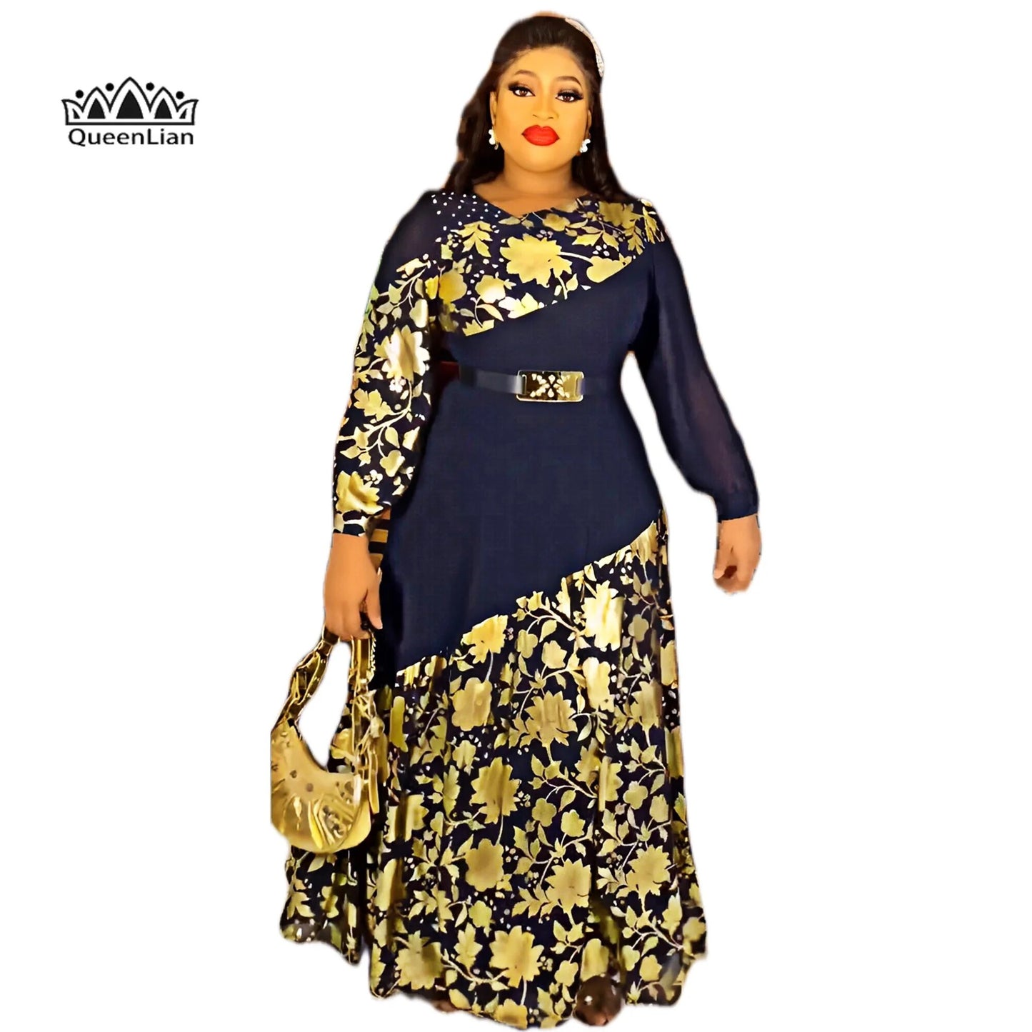 Gorgeous golden printed African dress with belt, perfect for dinner attire image 2