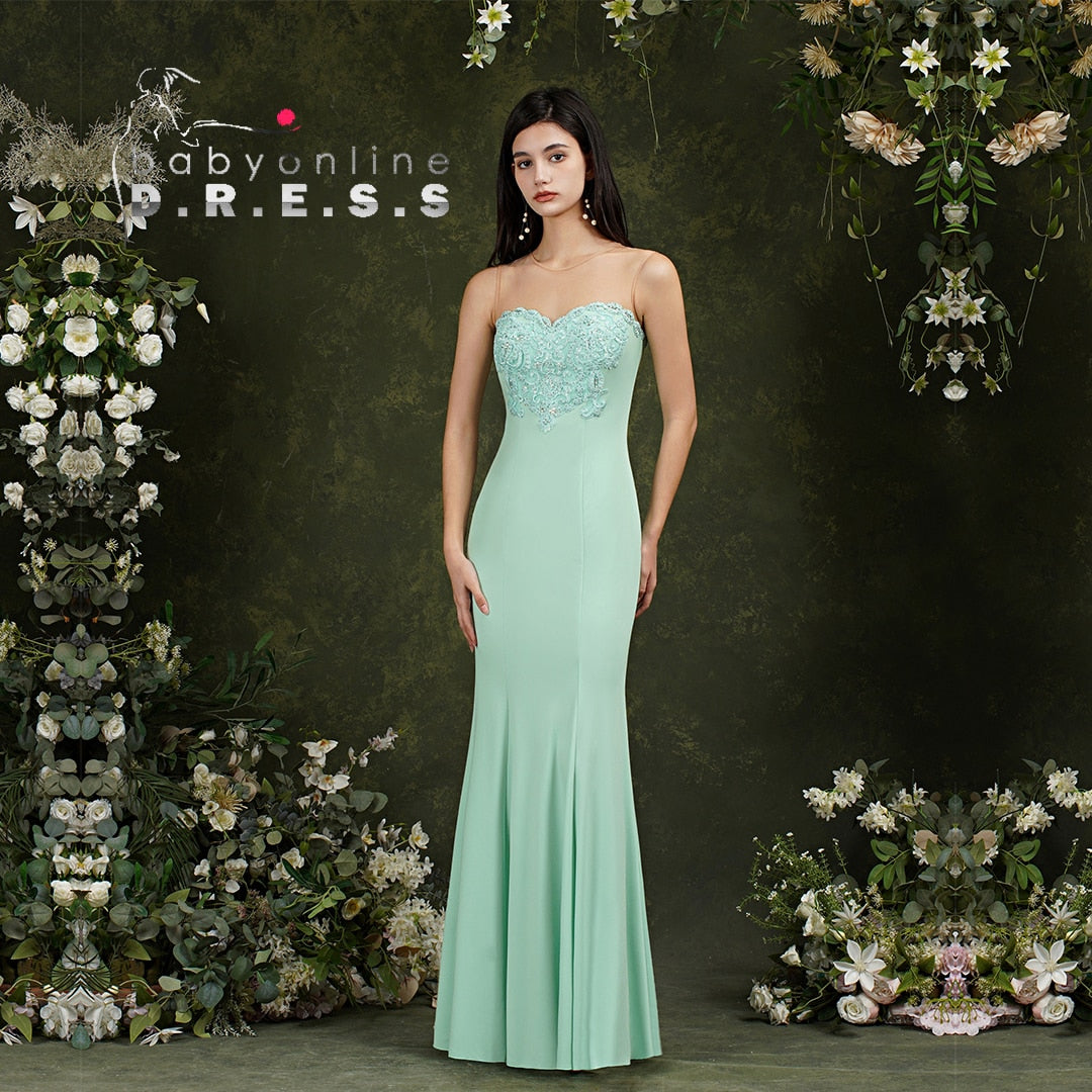 BABYONLINE Mermaid Bridesmaid Dresses Mint Green Gold Appliqués Beads Sweethear image 0