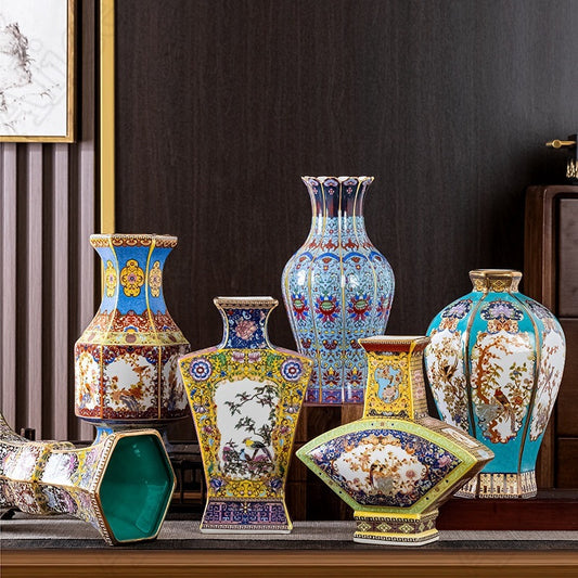 Enamel Colored Ceramic Vase Study Living Room Decoration Chinese Retro Golden S image 0