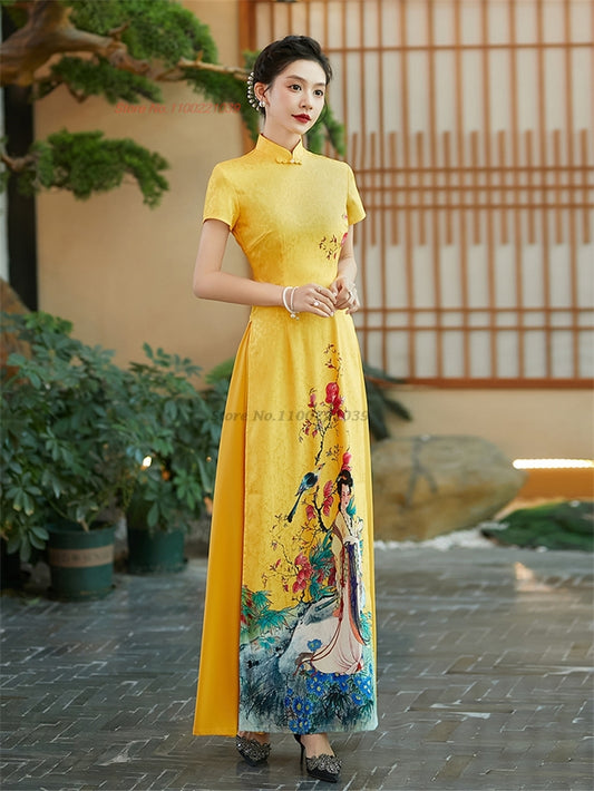 2024 vietnamese aodai improved cheongsam dress qipao national flower print qipa image 0