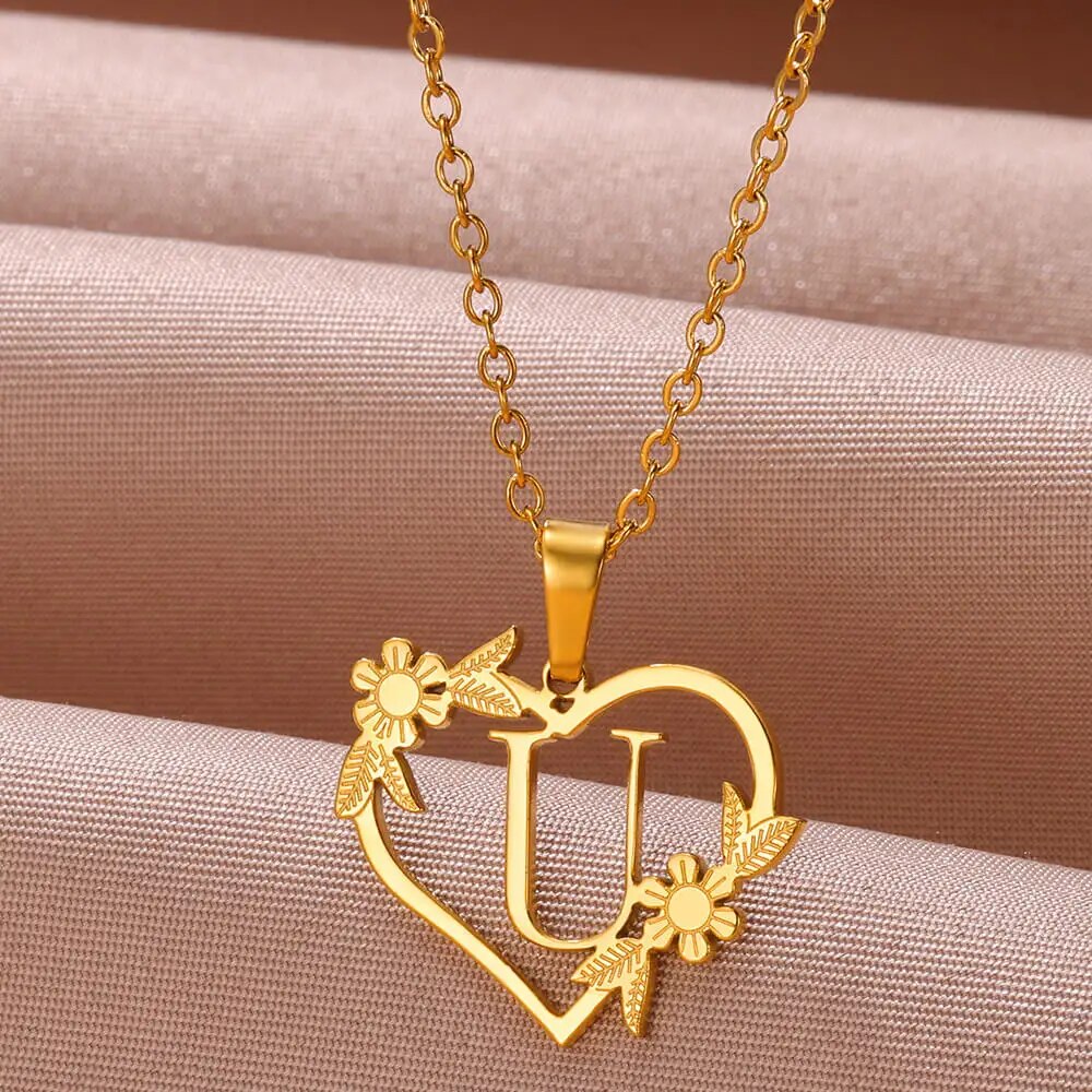 Gold Color Dainty Flower Initials Necklace Women Girl Stainless Steel Heart Let image 23
