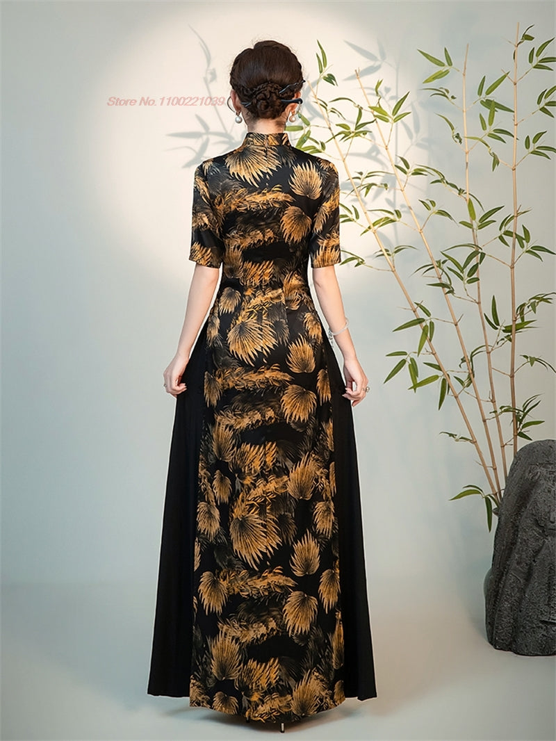 2024 vietnam traditional dress aodai chinese vintage qipao national flower prin image 1