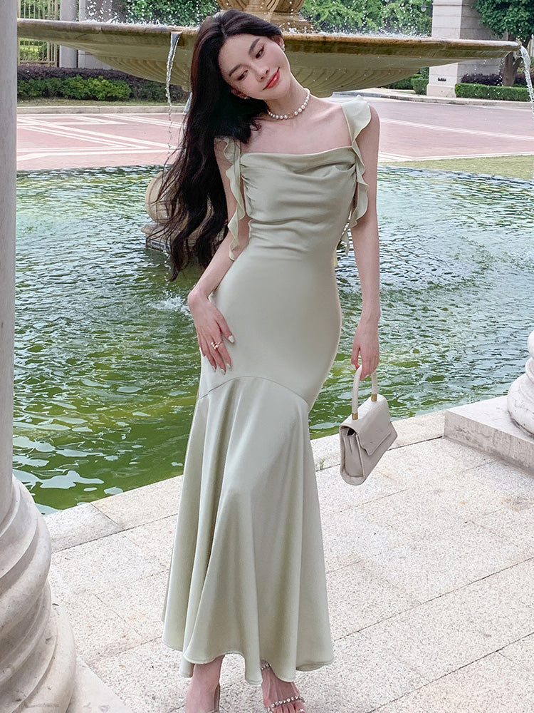 French Style Light Green Satin Homecoming Dress Ribbons Zipper Sleeveless Merma image 4