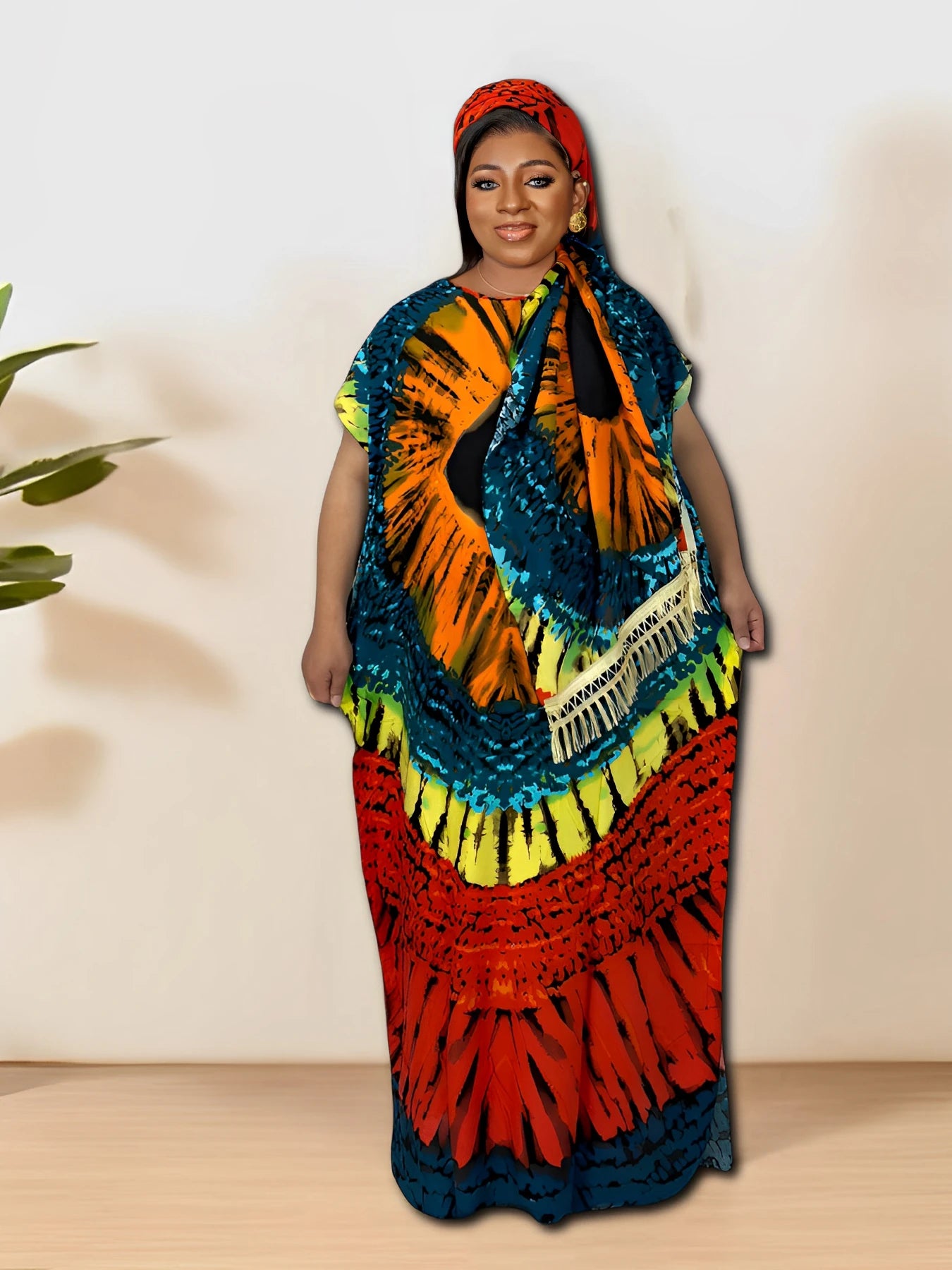Plus Size Floral Pattern Maxi Kaftan Dress, Elegant Crew Neck Batwing Sleeve Dr image 0