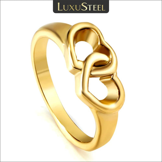 LUXUSTEEL Romantic Double Hollow Heart Rings for Women Stainless Steel Golden M image 0