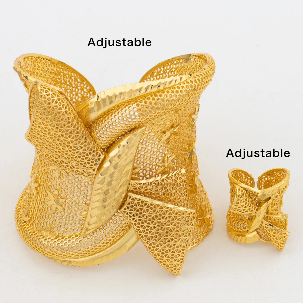 Dubai Cuff Bangle with Ring For Women 18k Gold Plated Copper Bracelet Jewelry N image 4