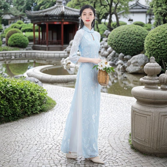 2024 vietnam aodai fairy temperament dress chinese exquisite floral jacquard te image 0