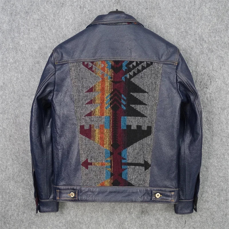 YR!Free shipping.Cuero Super slim blue genuine leather jacket.men classic casua image 5