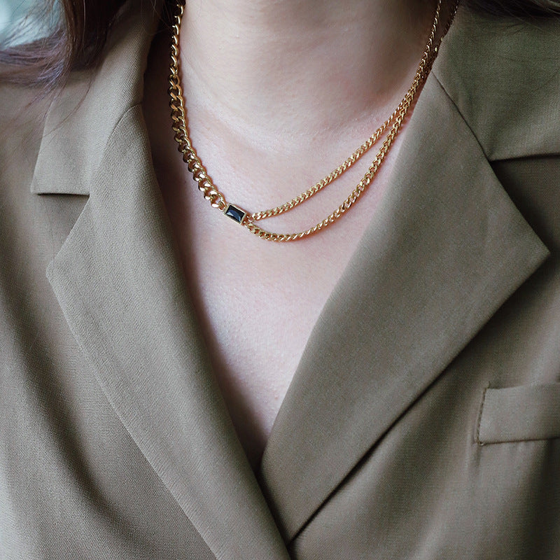 Titanium With 18 K Gold Black Zircon Double Chian  Necklace Women Stainless Ste image 2