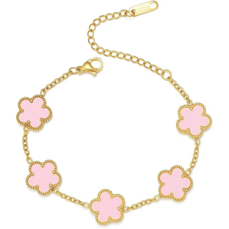 14K Gold Plated Five-leaf Clover Link Bracelets White Black Blue Gold Red Green image 34