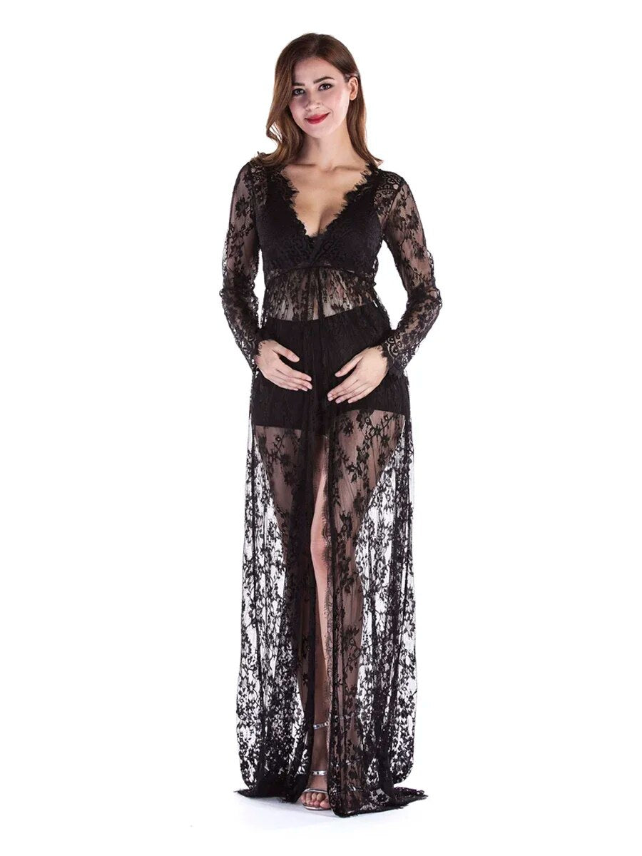 Women Front Split Long Maxi Maternity Lace Dress Pregnant Gown Photography Prop image 7