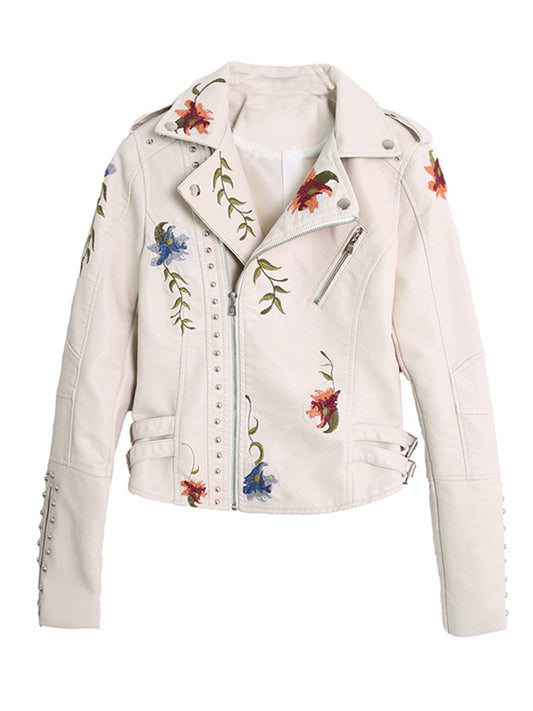 Ftlzz Women Floral Print Embroidery Faux Soft Leather Jacket Coat  Turn-down Co image 0