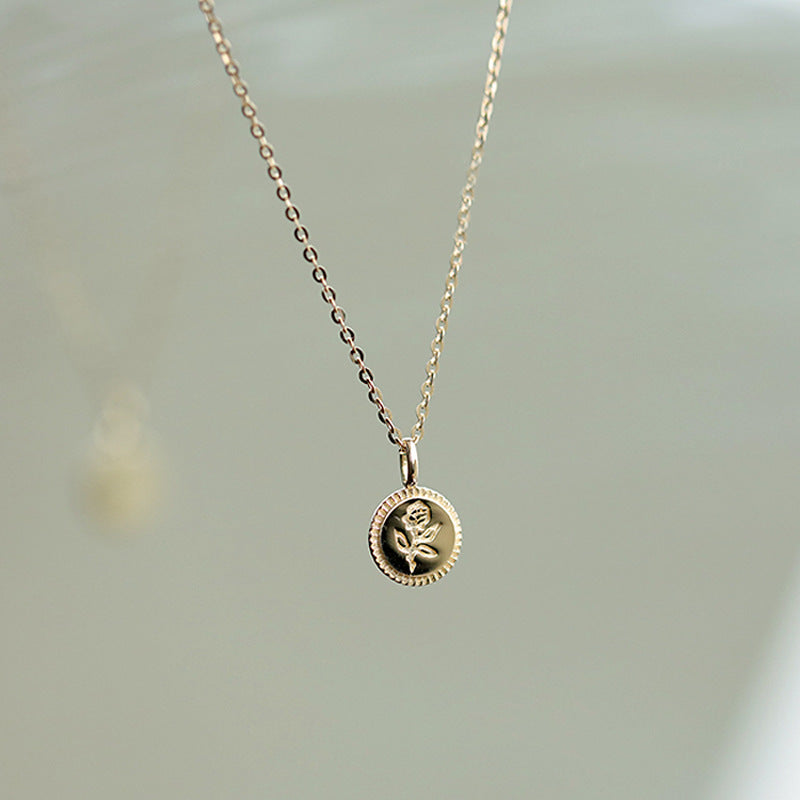 Rose small coin S925 sterling silver plated K gold necklace bead edge glossy ca image 2