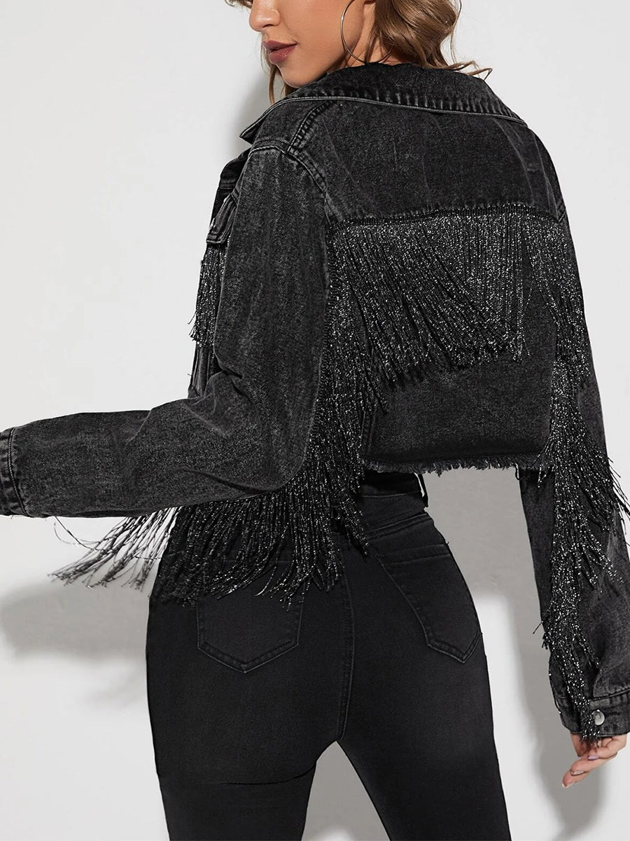 Women s Denim Jacket with Long Sleeves Turn-down Collar Button Closure and Tass image 6
