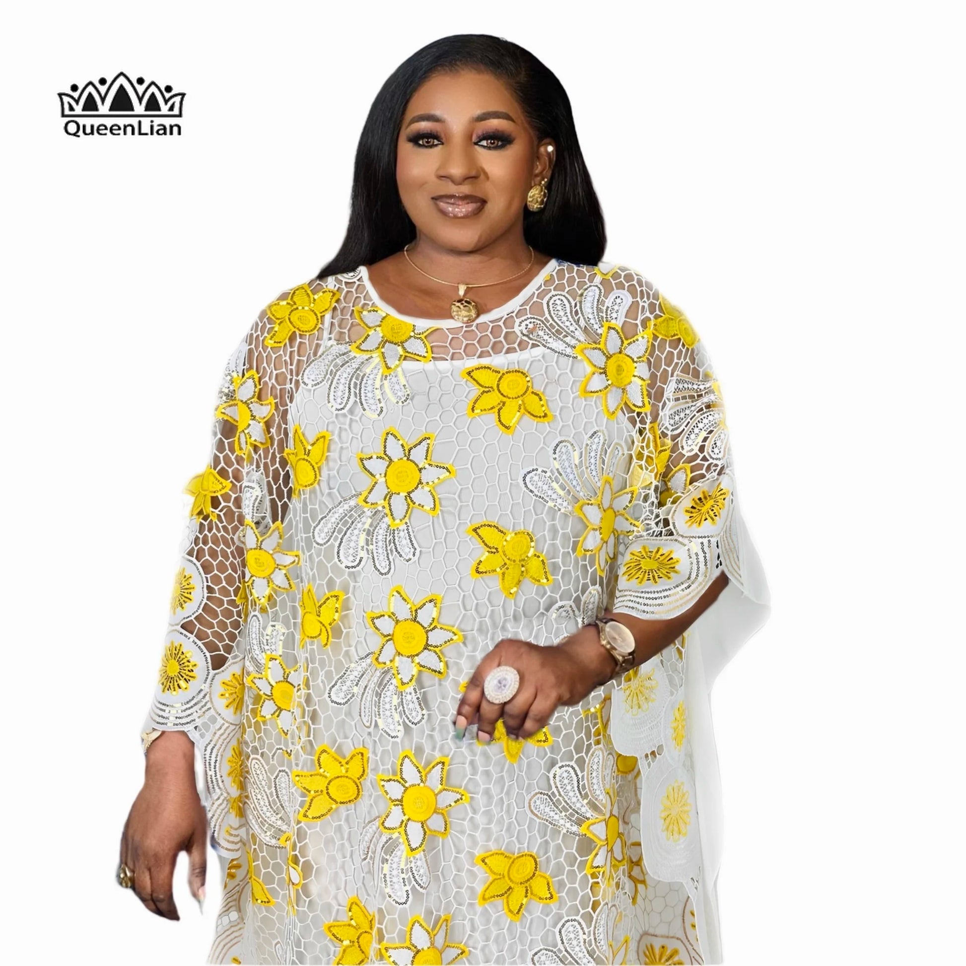 PLus size Elegant Kaftan Dress Women's Sequin Floral Patterned bat Sleeve Round image 0
