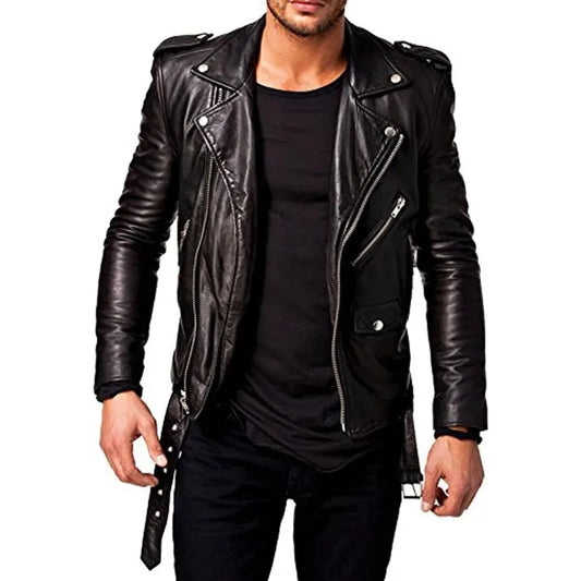 Men Leather Jacket -imitation Lambskin Winter Vintage Motorcycle Biker Jacket,  image 0