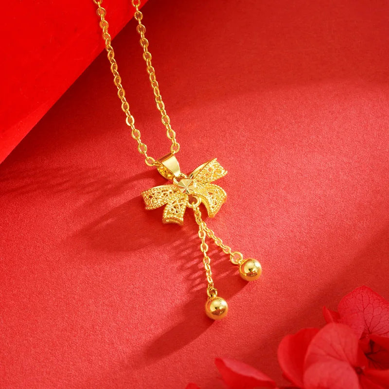Pure 18 K Gold Color 3D Bow Pendant Women's Necklace for  Women Gold Color Chai image 5