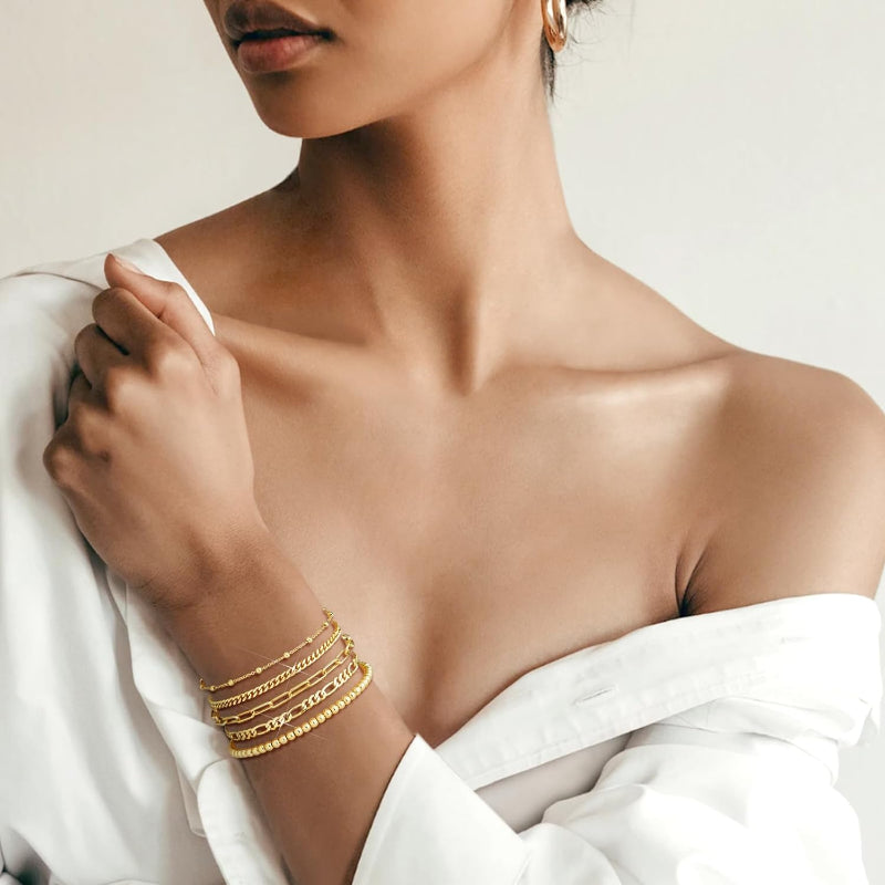 14K Gold Plated Stainless Steel Bracelet Set Waterproof Paperclip Chain Cuban L image 4