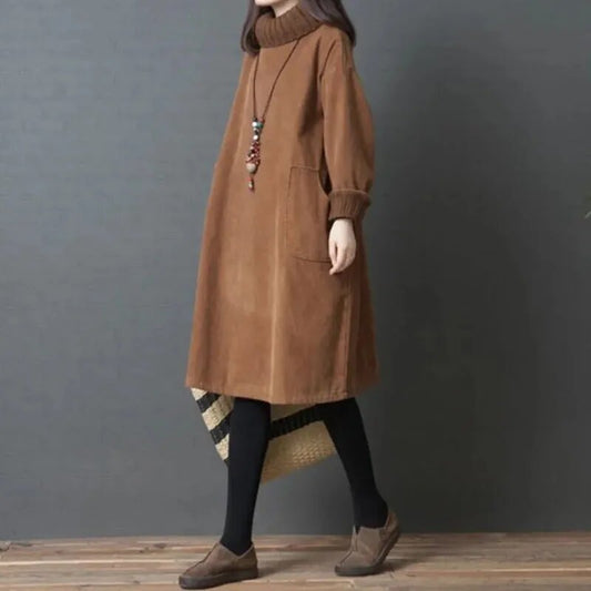 Women Autumn Winter Dress New Retro Corduroy Vestidos Add  Velvet High Neck Dre image 0