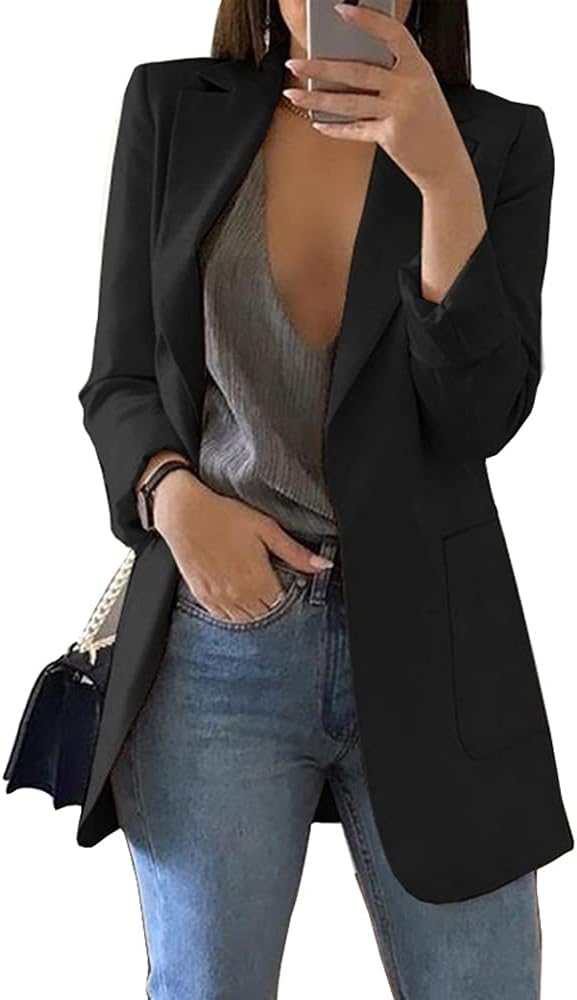 Women's Casual Cardigan Blazers Open Front Long Sleeve Slim Fit Lapel Collar Wo image 2