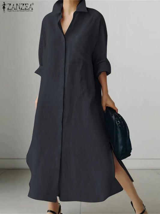 ZANZEA Fashion Solid Color Dress Lapel Neck Long Sleeve Shirtdress Spring Women image 0