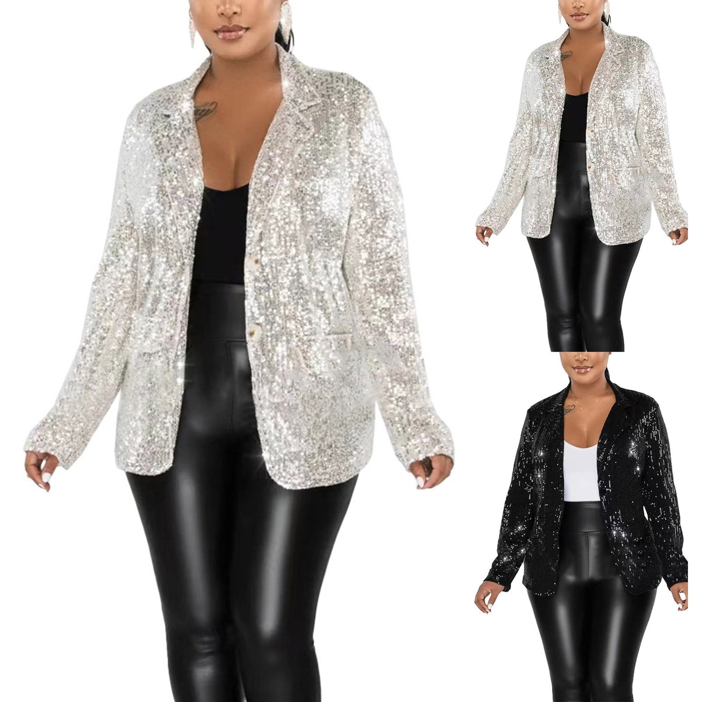New Fashion Sequined Suit Jacket For Women Elegant Sequins Glitter Blazer Coat  image 1