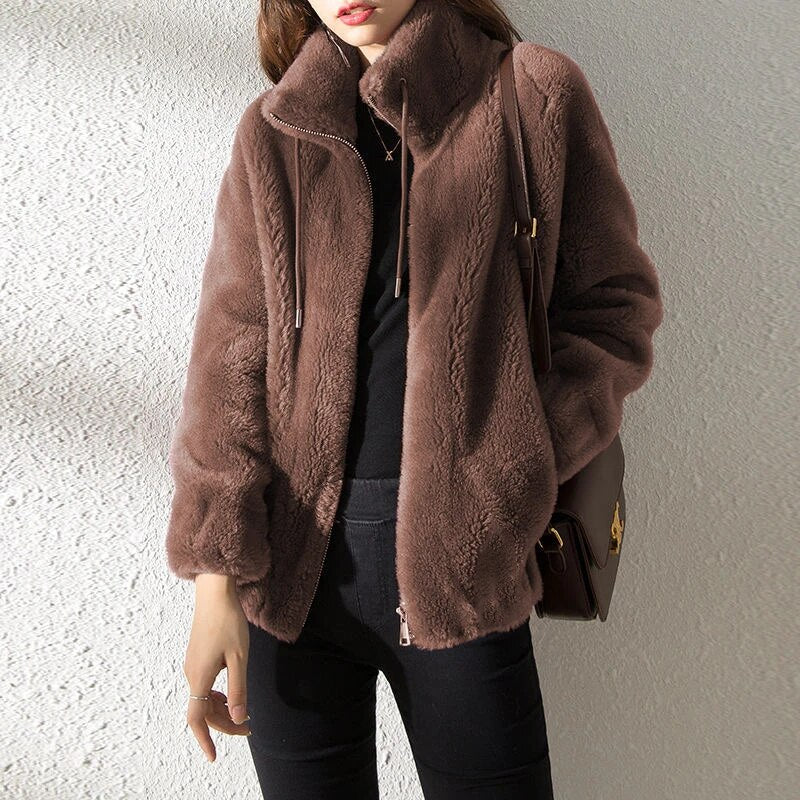 Female Winter Jacket Thickened Double-sided Velvet Stand-up Collar Warm Retro S image 7