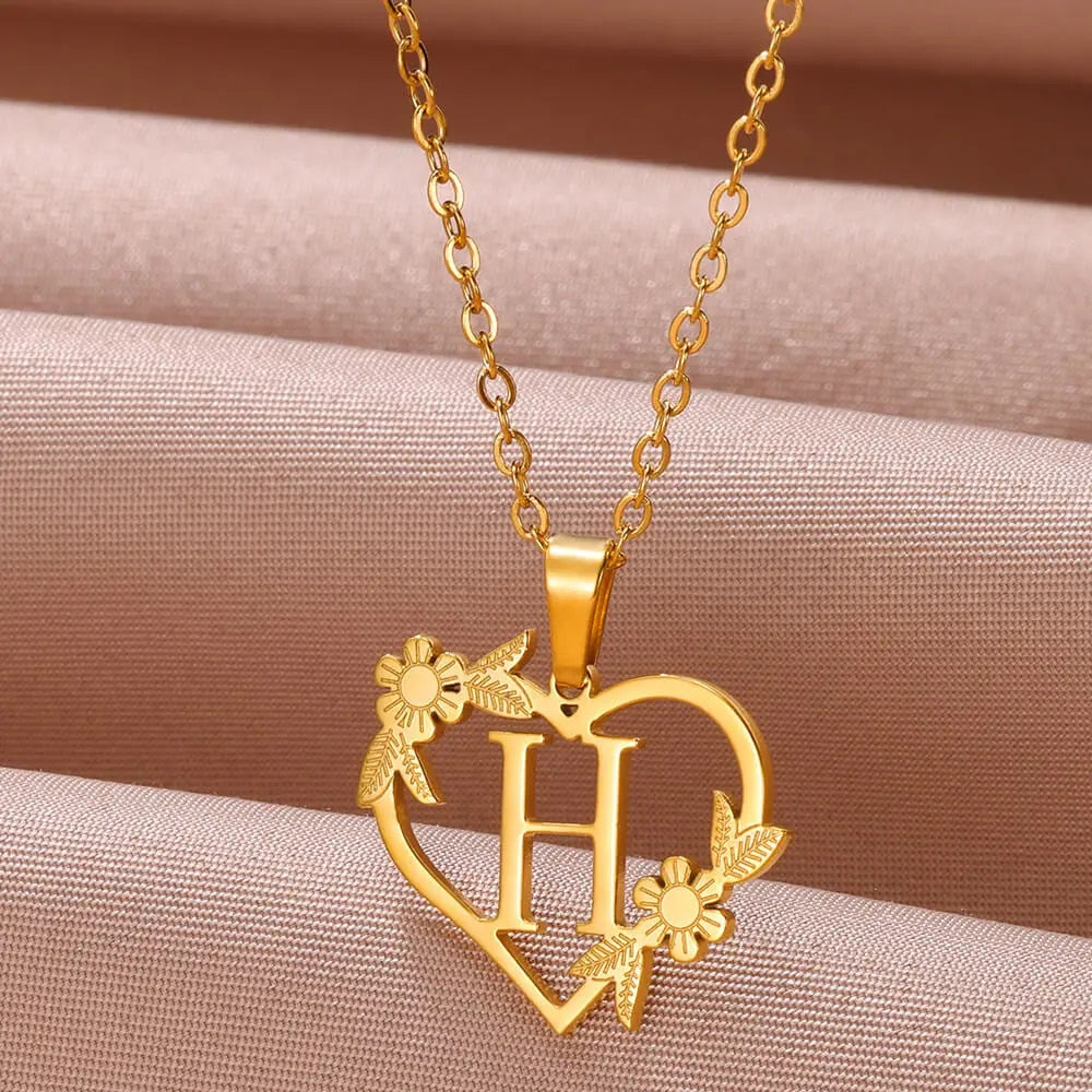 Gold Color Dainty Flower Initials Necklace Women Girl Stainless Steel Heart Let image 27