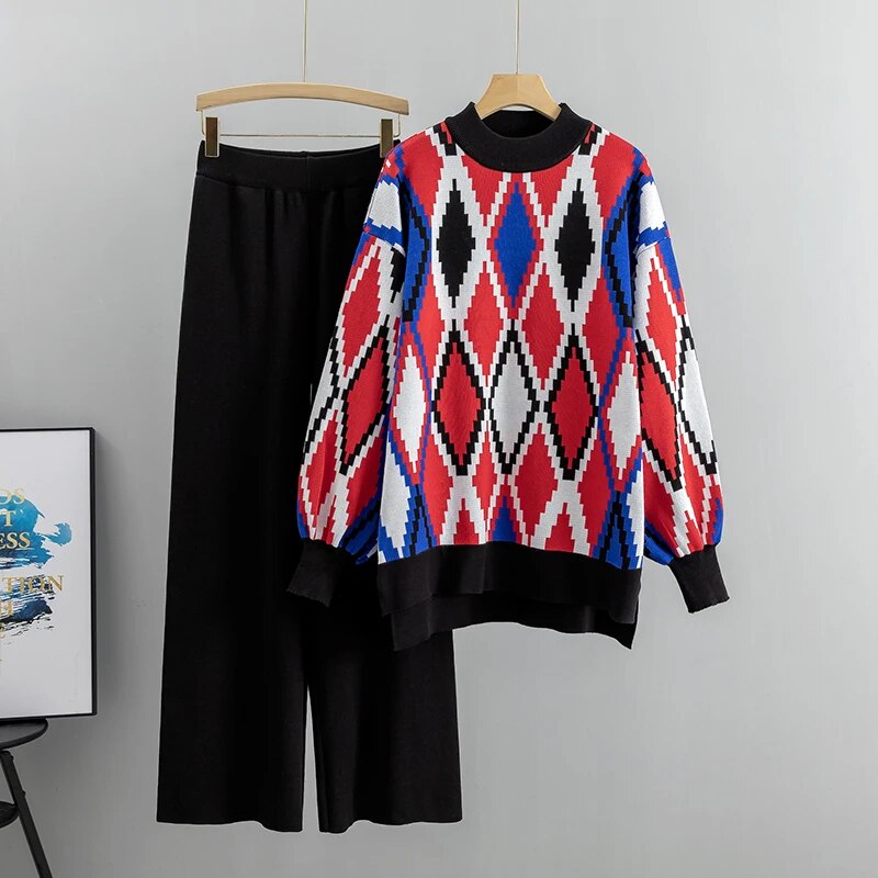 Loose Knitted Two Piece Women Sets Casual Loungewear Knit Sweater Pants Suit Wi image 5