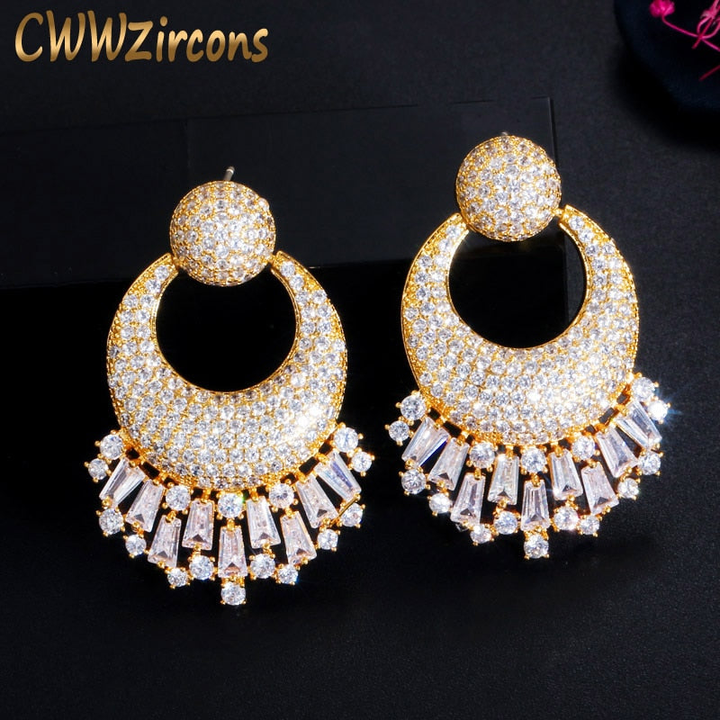 CWWZircons Nigerian Wedding 3 Tone Gold Plated Big Drop Earrings Shiny CZ Micro image 3