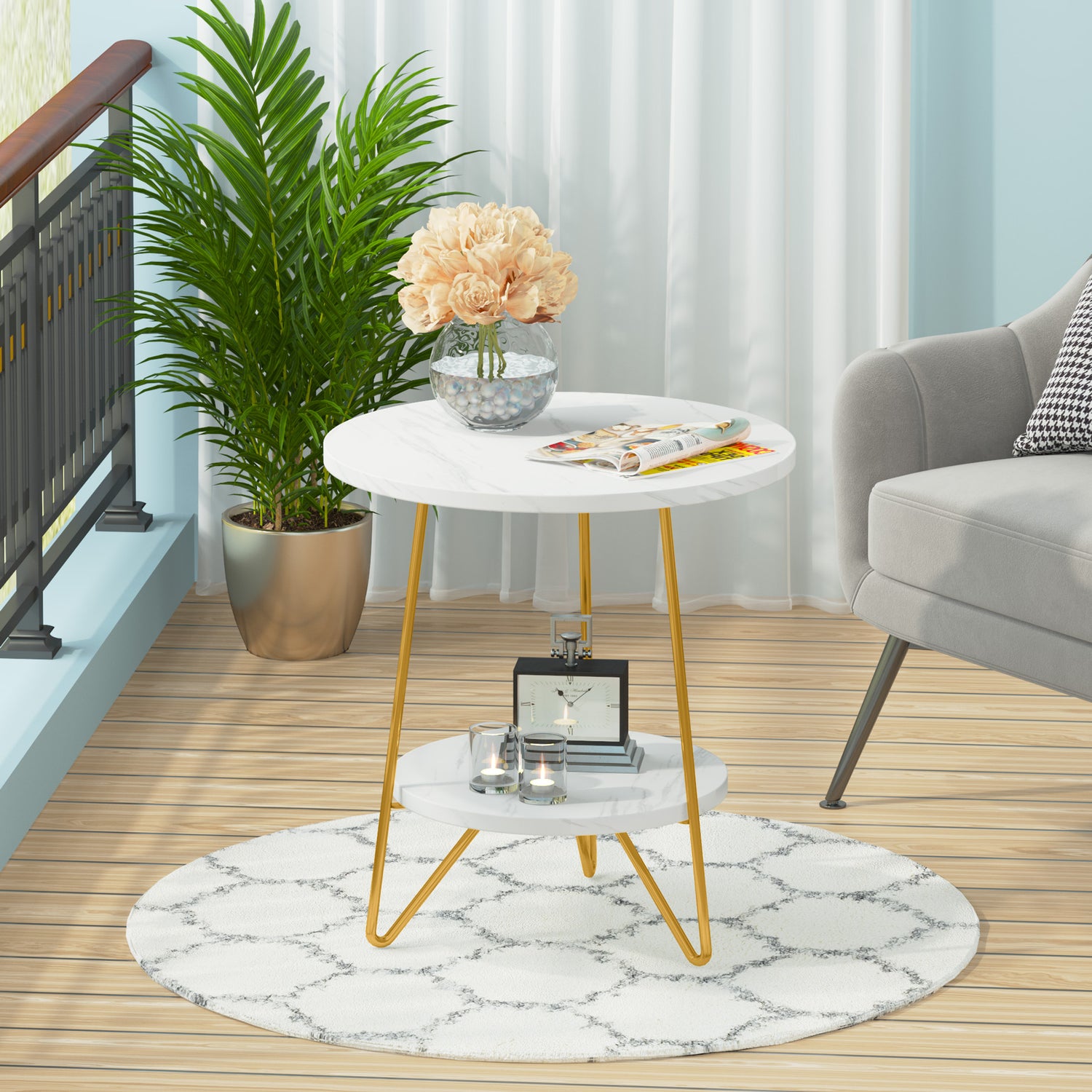 Tribesigns Faux Marble End Table, 2 Tier Round Side Table with Shelves, Modern image 0