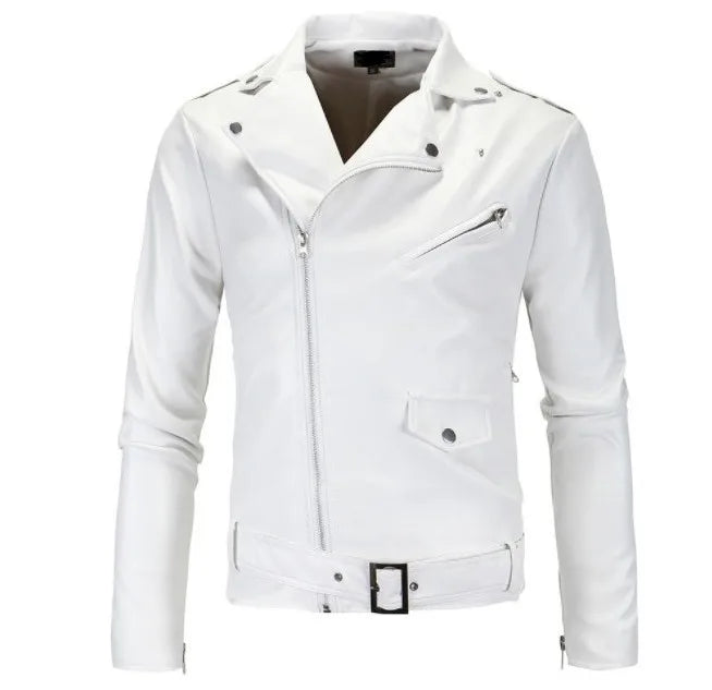 Mens Leather Jackets New White Black Casual Lapel Slim Fit Diagonal Zipper Moto image 0