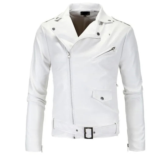 Mens Leather Jackets New White Black Casual Lapel Slim Fit Diagonal Zipper Moto image 0