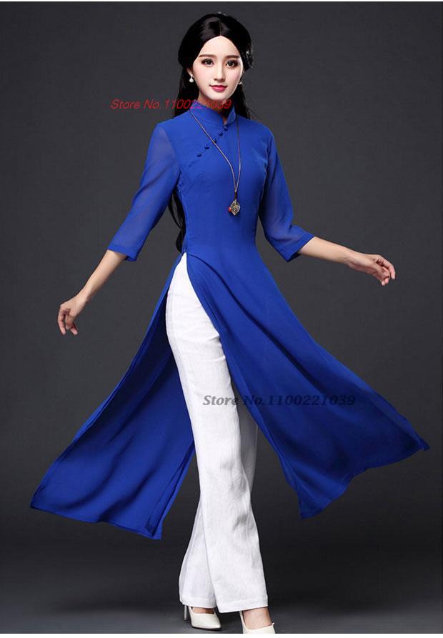 2024 traditional folk style aodai dress+pants set vietnam chiffon aodai elegant image 3