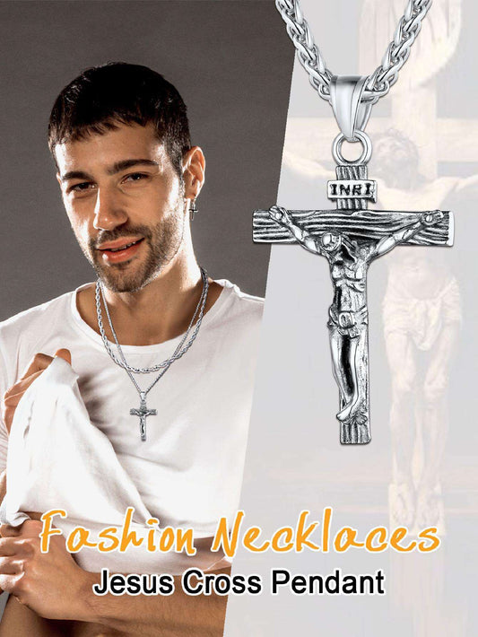 U7 Men INRI Cross Pendant Baptism Christian Jewelry Stainless Steel/Gold/Black/ image 0