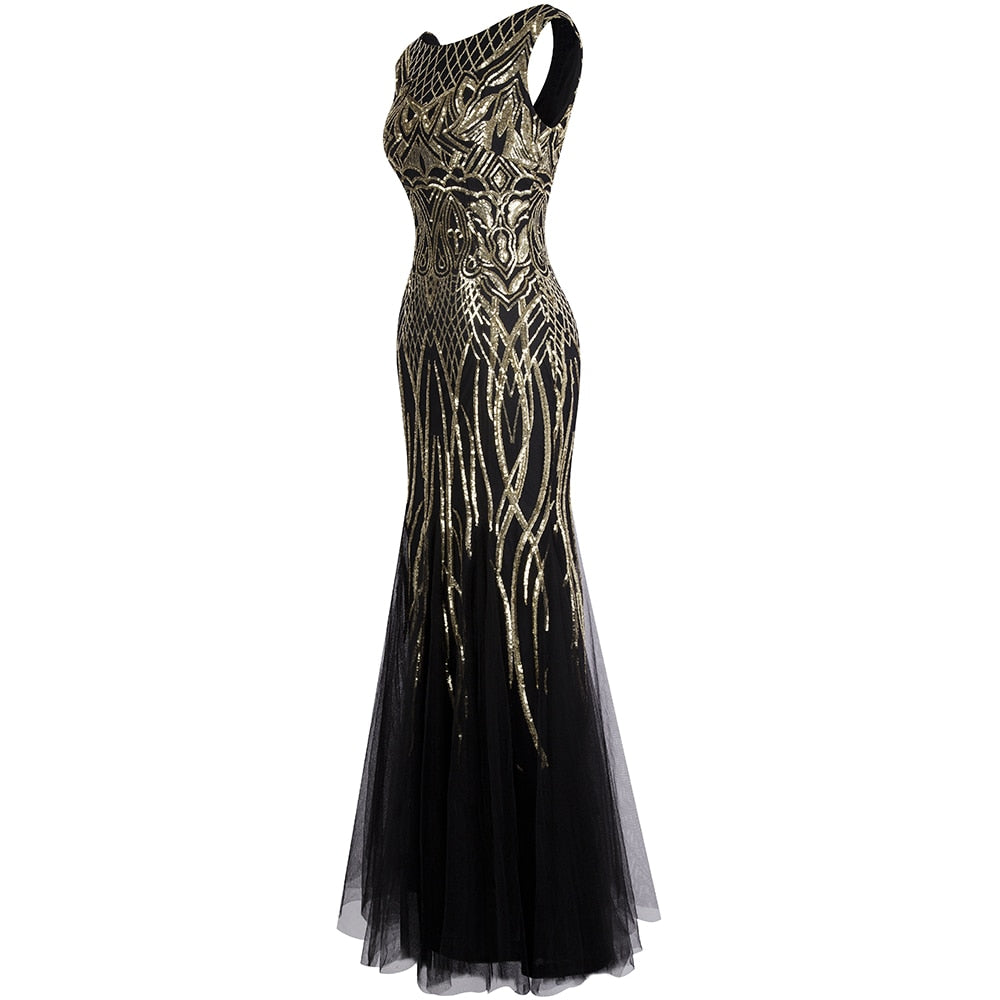 Angel-fashions Bateau Boat Neck Vintage Golden Sequin Ball Gown Long Prom Dress image 5