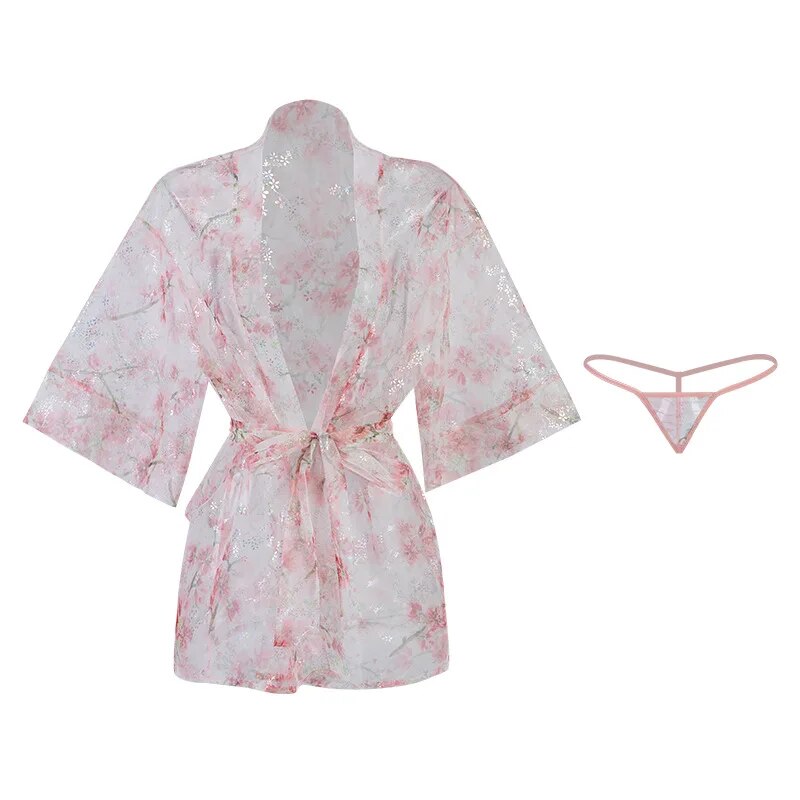 Japanese Perspective Clothes Pink Printing Kimono Lingerie Pajamas See-thr image 7