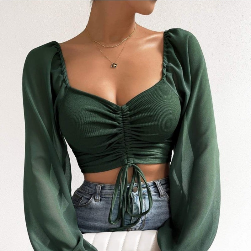 ALLUKASA Sexy Mesh Lantern Sleeves Drawstring Wrap Chest Bare Midriff T Shirt W image 7