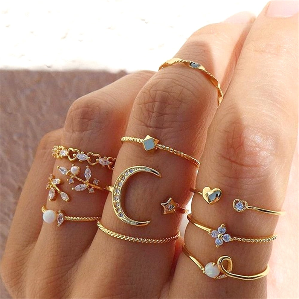 FNIO Bohemian Gold Color Chain Rings Set For Women Fashion Boho Coin Snake Moon image 2