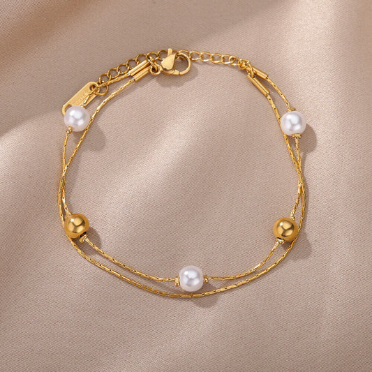 Stainless Steel Gold Color Pearl Bracelets For Women Fashion Geometric Double image 0
